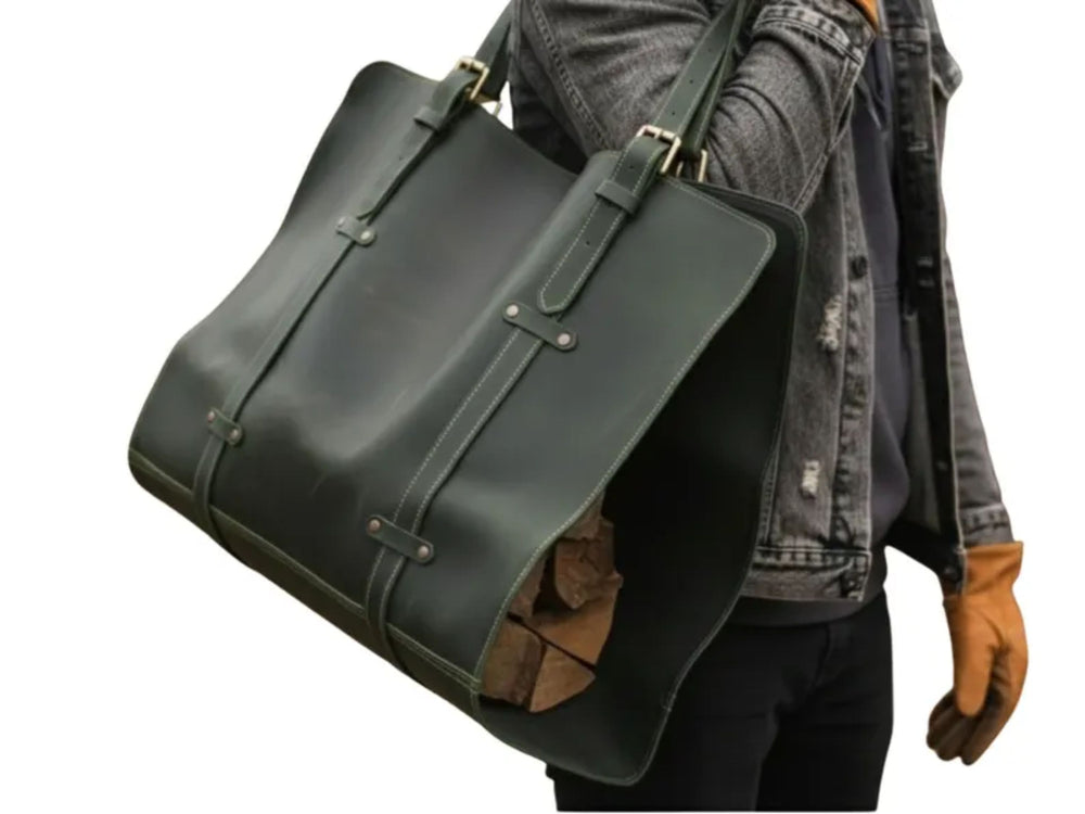 Leather Firewood Carrier Wholesale | Buffalo Leather Log Carrier Tote Bag Fireplace Gift Manufacturer front design preview
