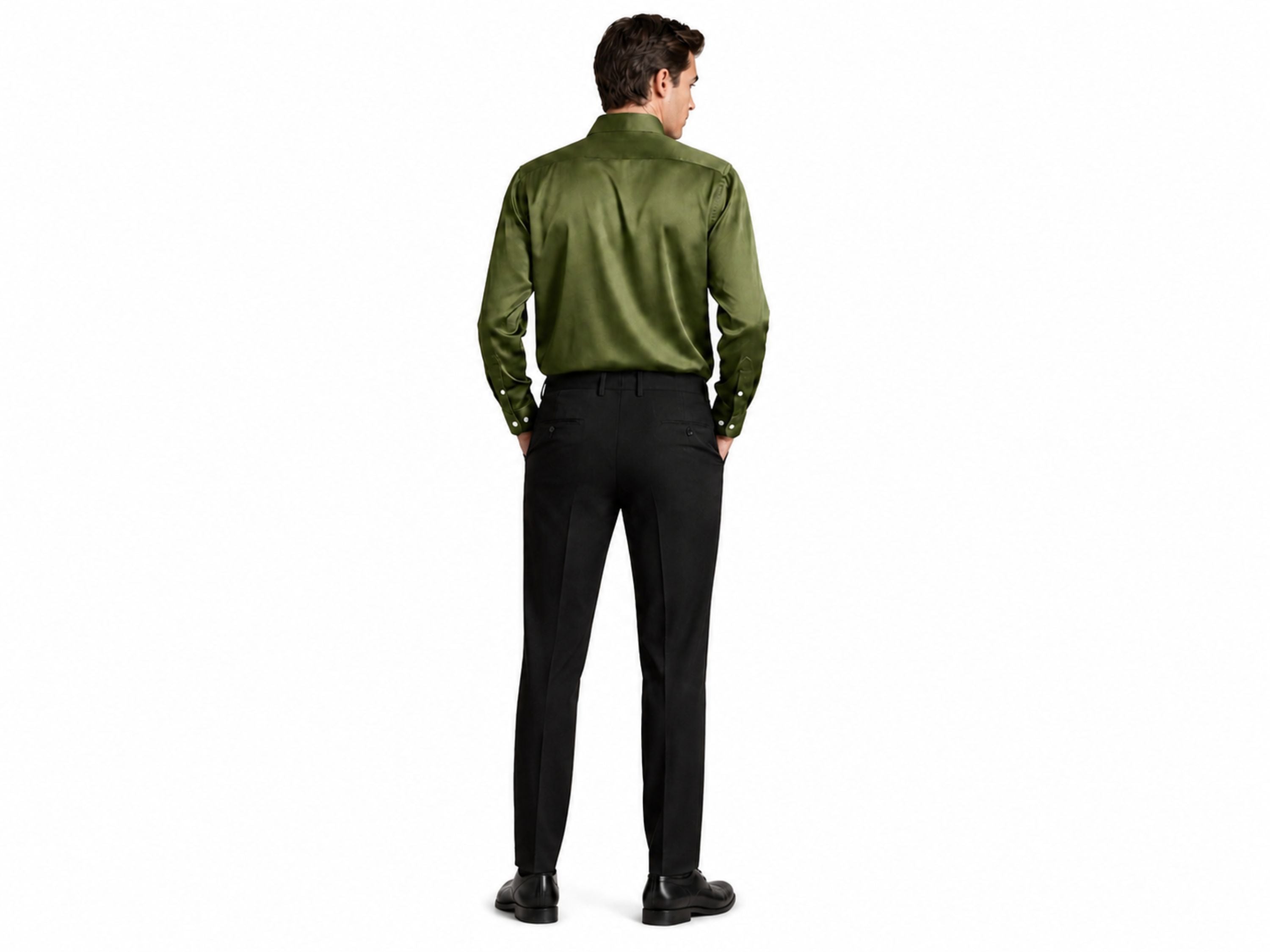 Wholesale Olive Green Satin Men Shirt, Custom Slim Fit Long Sleeve Button Up Shirt Manufacturer for Private Label Brands