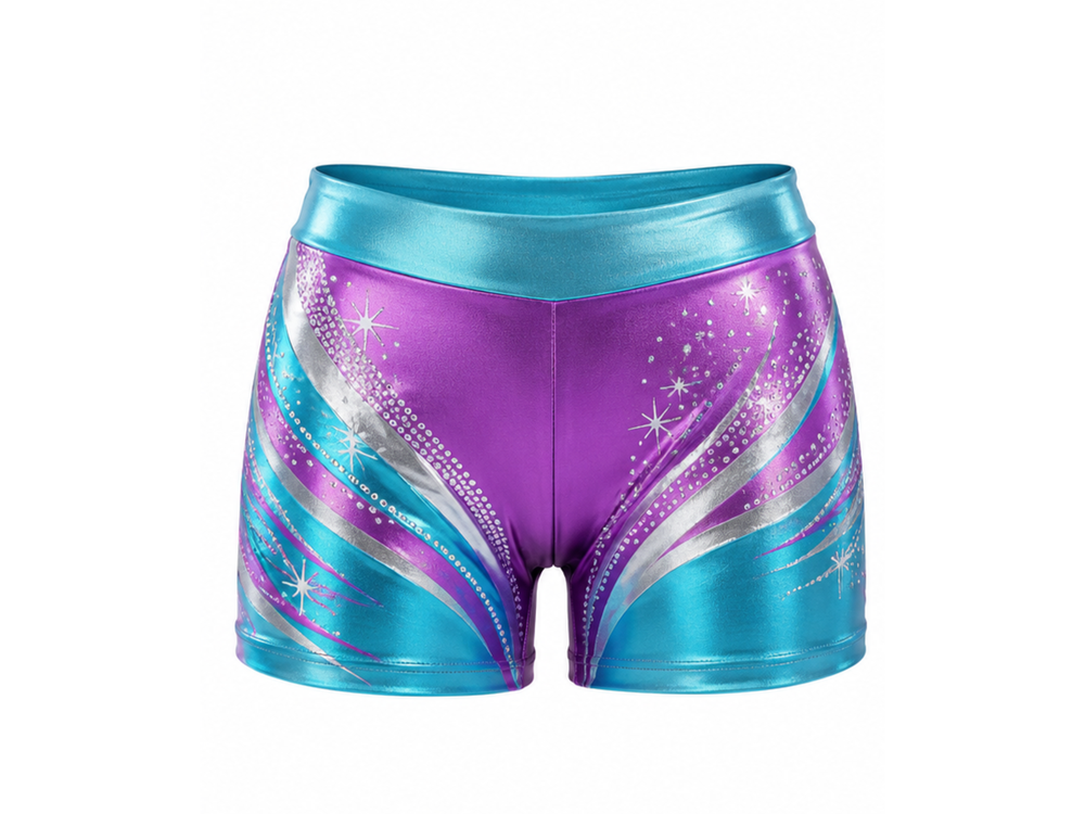 Purple & Teal Dance Team Shorts – Wholesale Bulk Performance Pajama, Low MOQ, B2B Activewear front design preview