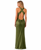 Wholesale Olive Green Satin Prom Dress | Custom Open Back Formal Gown Manufacturer for Boutiques