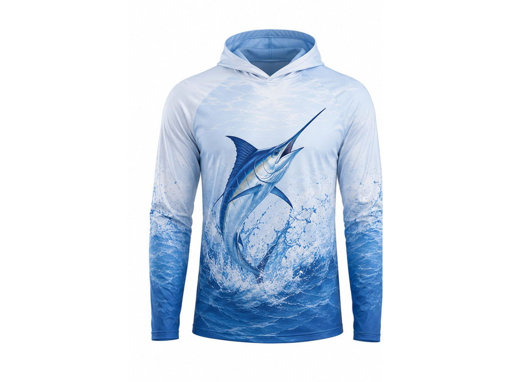 Custom Fishing Hooded Wholesale Fishing Shirt Light Blue White Marlin Apparels Bridge front design preview