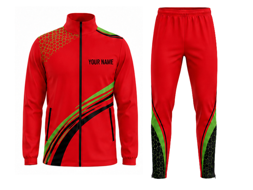 Track and Field Warm-Up Tracksuit Set – Red, Green and Black Wholesale Teamwear front design preview