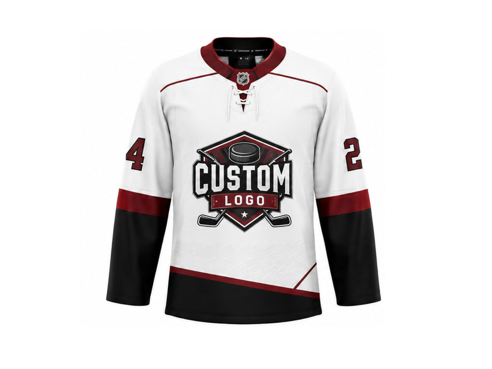 Custom Home Away Ice Hockey Jersey – White Burgundy Black Sublimated Team Jersey for Wholesale Orders front design preview