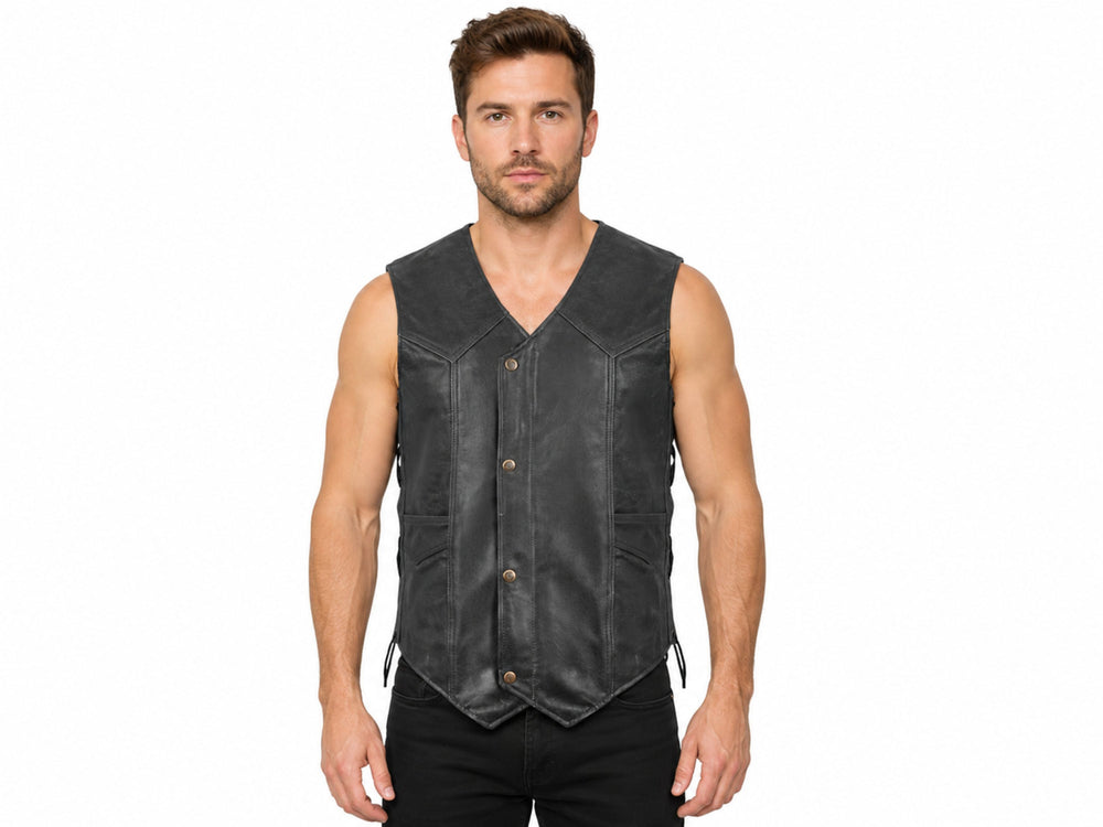 Black Distressed Leather Biker Vest Wholesale | Custom Outlaw Motorcycle Vest Manufacturer front design preview