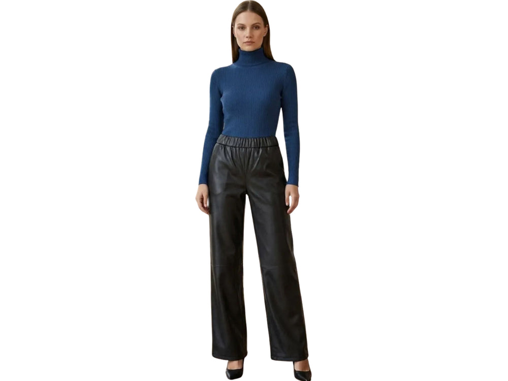 Women’s Black Calf Leather Trousers Wholesale | Custom Private Label Leather Pants Manufacturer front design preview