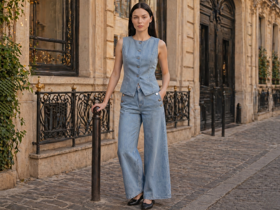 Wholesale Custom Light Blue Denim 2 Piece Set Manufacturer Private Label Vest and Pants Set design preview