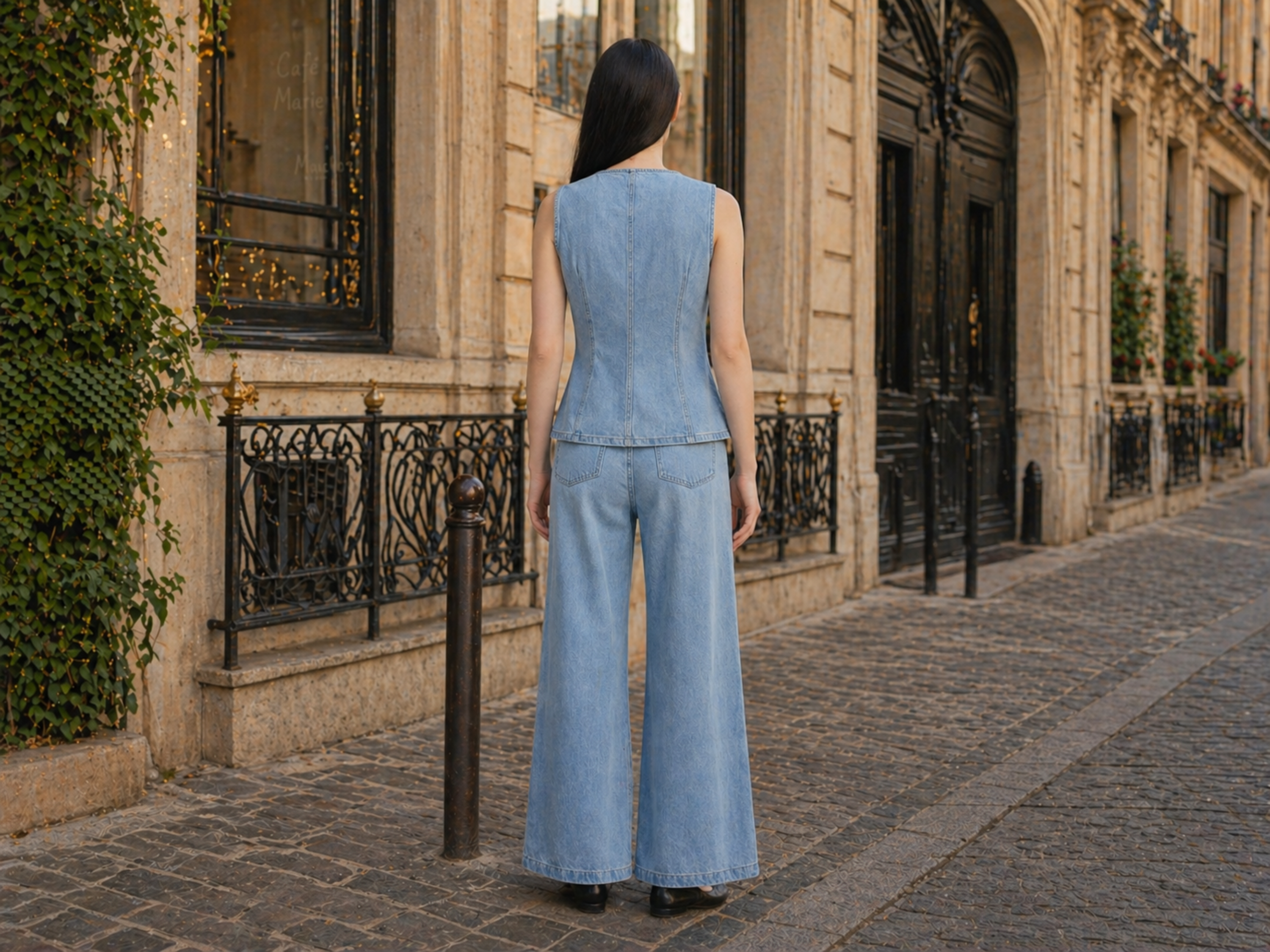 Wholesale Custom Light Blue Denim 2 Piece Set Manufacturer Private Label Vest and Pants Set