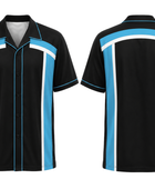 Custom Bowling Team Shirt – Black Cyan White Panelled Retro Button-Up Design