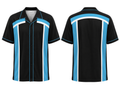 Custom Bowling Team Shirt – Black Cyan White Panelled Retro Button-Up Design