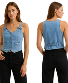 Denim Vest Women’s Bow-Strap Button-Front Light Light Blue B2B