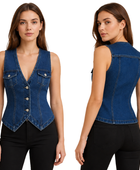 Denim Vest Women’s Fitted V-Neck B2B Deep Blue Wash