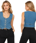 Women’s Scoop-Neck Button-Front Denim Vest Medium Blue B2B