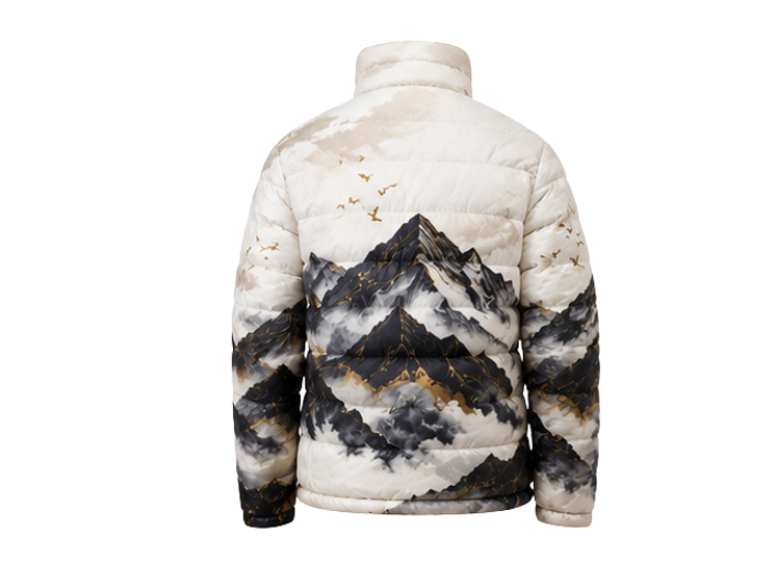 Mountain-Print Sublimated Puffer Jacket – White, Grey and Black Landscape Graphic | B2B Low MOQ