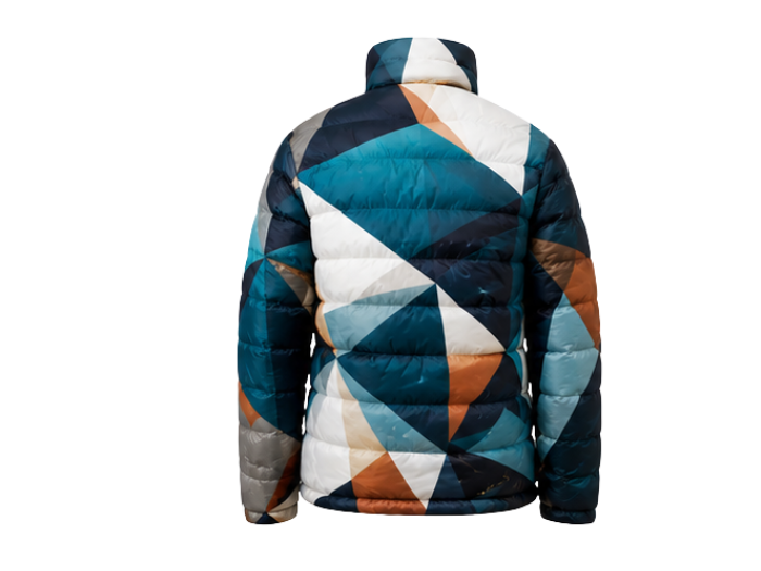 Geometric-Print Sublimated Puffer Jacket – Teal, Navy, White and Tan | B2B Low MOQ