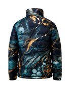 Abstract-Print Sublimated Puffer Jacket – Black, Teal and Gold Graphic | B2B Low MOQ