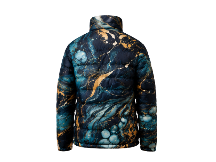 Abstract-Print Sublimated Puffer Jacket – Black, Teal and Gold Graphic | B2B Low MOQ