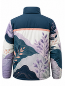 Panel-Print Sublimated Puffer Jacket – Navy, Lavender and Cream Botanical Graphic | B2B Low MOQ