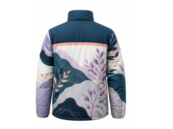 Panel-Print Sublimated Puffer Jacket – Navy, Lavender and Cream Botanical Graphic | B2B Low MOQ