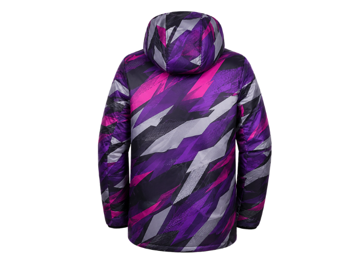 Hooded All-Over Print Sublimated Puffer Jacket – Purple, Magenta and Grey Abstract Print | B2B Low MOQ