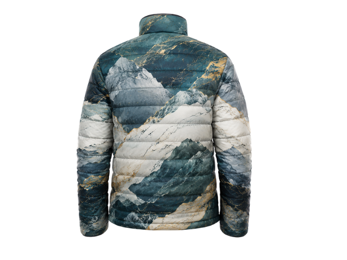 Mountain-Landscape Sublimated Puffer Jacket – Teal, White, Grey and Muted Gold | B2B Low MOQ