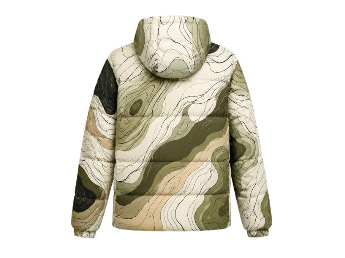 Hooded Abstract Contour-Print Sublimated Puffer Jacket – Olive, Cream, Khaki and Black | B2B Low MOQ