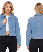 B2B Women’s Light Blue Cropped Denim Jacket Low MOQ Denim Manufacturer