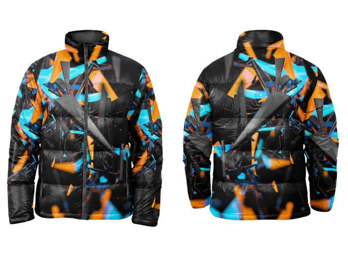 Angular Shard-Print Sublimated Puffer Jacket – Black, Orange, Aqua and Grey | B2B Low MOQ