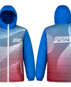 Hooded Panel-Print Sublimated Puffer Jacket – Blue, Light Grey and Burgundy Gradient | B2B Low MOQ
