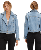 Custom Women’s Belted Moto Denim Jacket B2B Low MOQ Denim Manufacturer