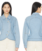 B2B Women’s Asymmetric Denim Jacket Low MOQ Denim Manufacturer Light Blue