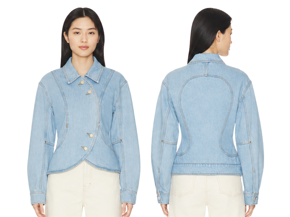 B2B Women’s Asymmetric Denim Jacket Low MOQ Denim Manufacturer Light Blue front design preview