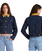 Wholesale Cropped Contrast-Collar Denim Jacket Women’s Dark Blue B2B