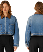 B2B Custom Cropped Contrast-Collar Denim Jacket Women’s Light Blue
