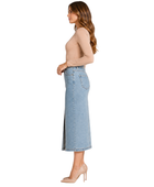 B2B Women’s Front-Slit Denim Midi Skirt Light Blue Low MOQ Denim Manufacture