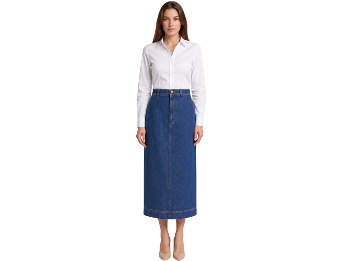 B2B High-Waisted Straight Denim Midi Skirt Low MOQ Denim Manufacturer front design preview