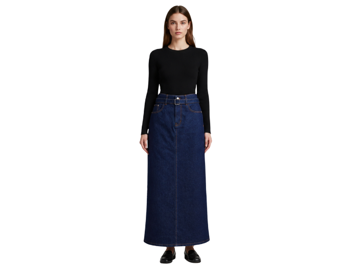 B2B High-Waisted Dark Blue Denim Maxi Skirt Custom Denim Manufacturer front design preview