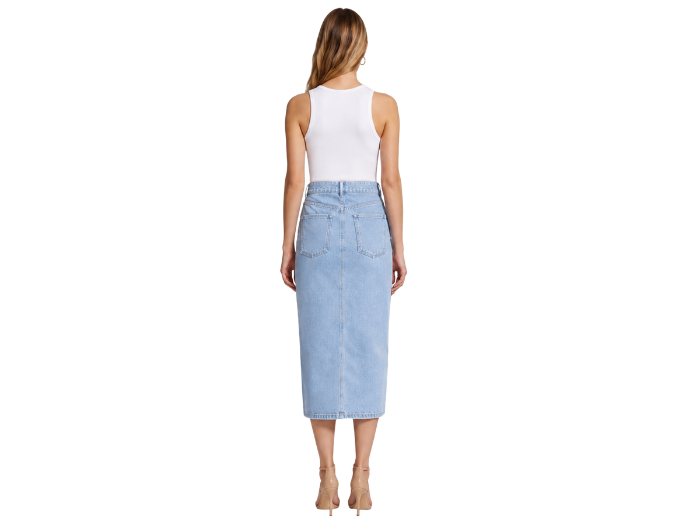 Custom High-Waisted Button-Front Light Blue Denim Midi Skirt