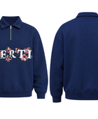 Quarter Zip Sweatshirt Navy Floral Letter Embroidery | B2B Low MOQ