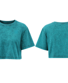 B2B Women’s Teal Blue Acid Wash Crop T-Shirt Low MOQ Manufacturer