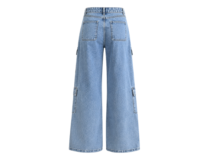 B2B Wide-Leg Cargo Pants Light Blue Denim Acid Wash Low MOQ Manufacturer