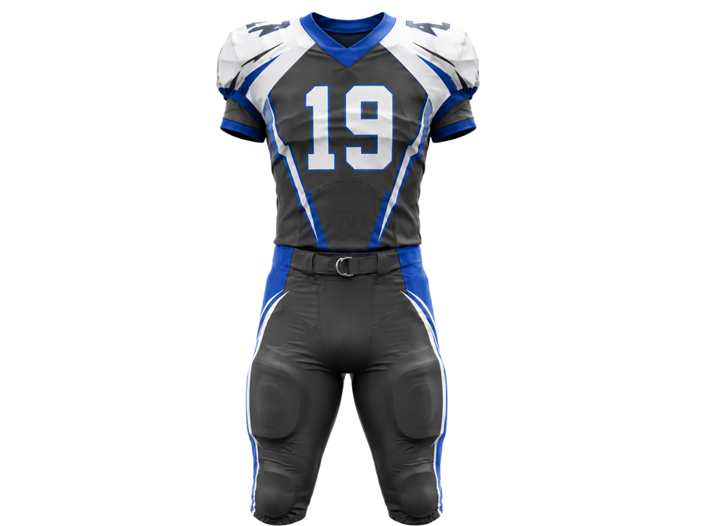 Wholesale Black and Royal Blue American Football Uniform Set – Polyester front design preview