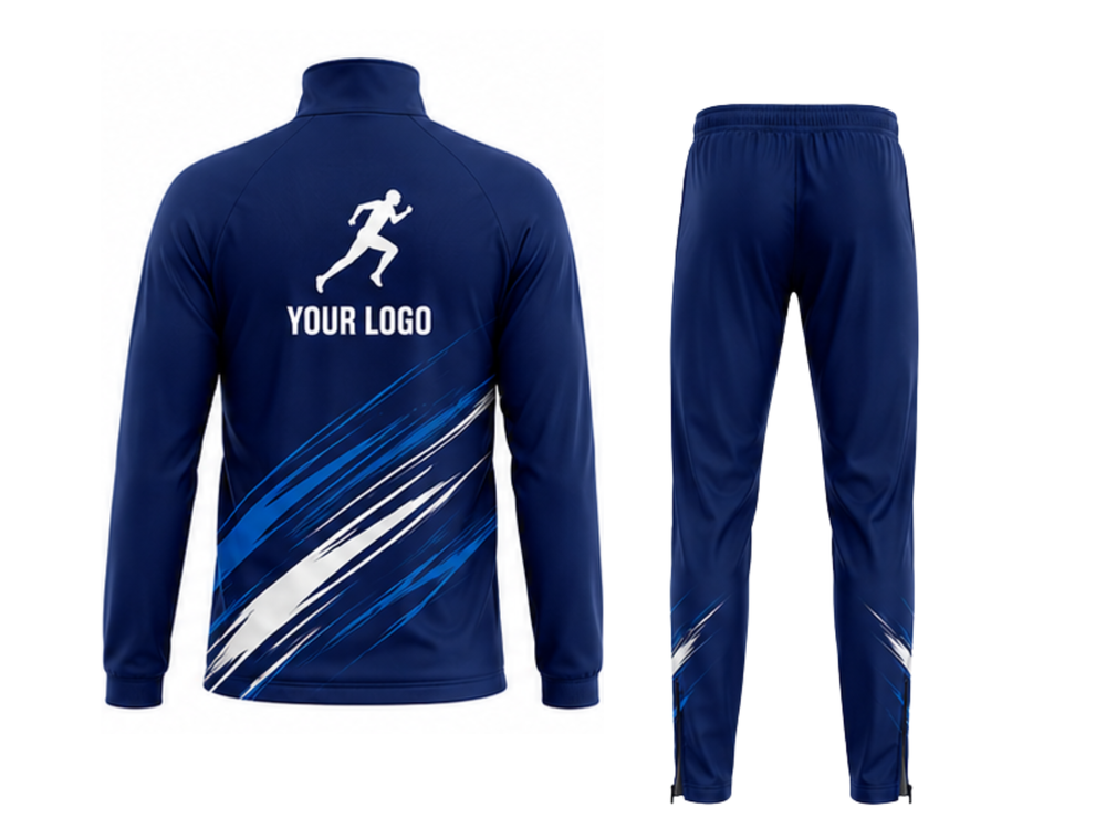Track and Field Warm-Up Tracksuit Set – Navy Blue with White Streak Graphics for Wholesale Teams front design preview