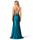 Wholesale Teal Satin Slit Prom Dress | Custom Cowl Neck Open Back Gown Manufacturer for Boutiques