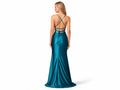 Wholesale Teal Satin Slit Prom Dress | Custom Cowl Neck Open Back Gown Manufacturer for Boutiques