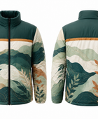 Panel-Print Sublimated Puffer Jacket – Dark Green and Cream Botanical Graphic | B2B Low MOQ