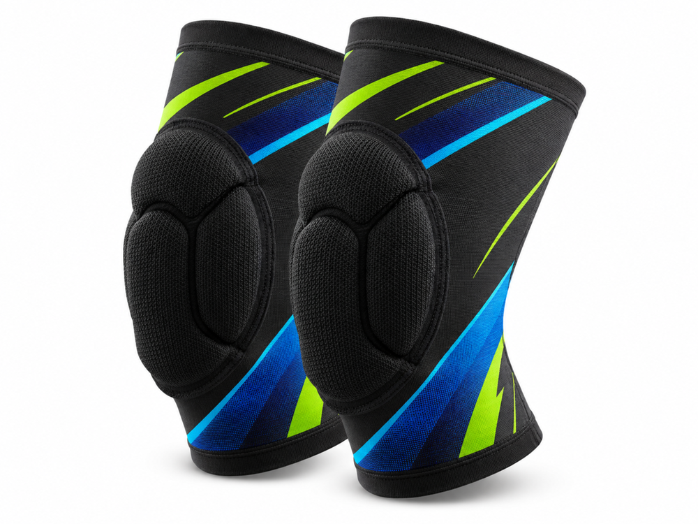 Custom Volleyball Knee Pads – Black Blue Lime Wholesale Team Protective Gear front design preview
