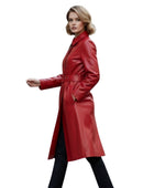 Women’s Red Cowhide Leather Trench Coat Wholesale Custom Private Label Outerwear Manufacturer
