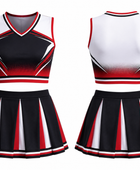 Wholesale Black & Red Cheerleading Uniform Matching Top & Skirt, Custom Team Name, Player Number, Low MOQ