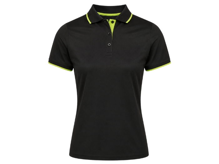 Ladies Contrast Pique Polo Shirt Black and Lime Green | B2B Low MOQ Hospitality Workwear Manufacturer front design preview