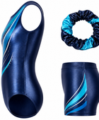 Custom Gymnastics Leotard Set | Wholesale Gym Team Set with Shorts and Scrunchie | Navy Teal Silver | Apparels Bridge